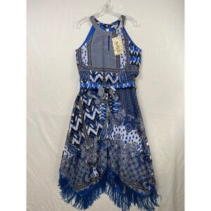 Magic Halter Dress Women's Small Blue Mixed Paisley Ikat Print Fringe Hem